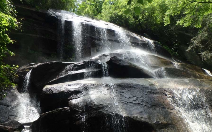 A waterfall streams over rocks framed by green trees